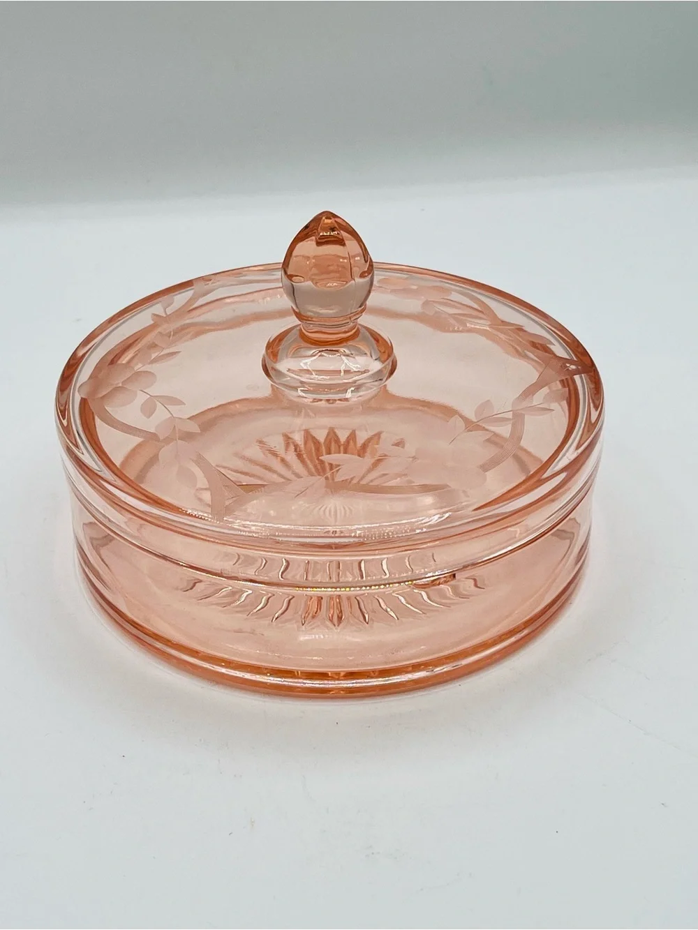 Peach Pink Pressed Glass Covered Trinket Dish